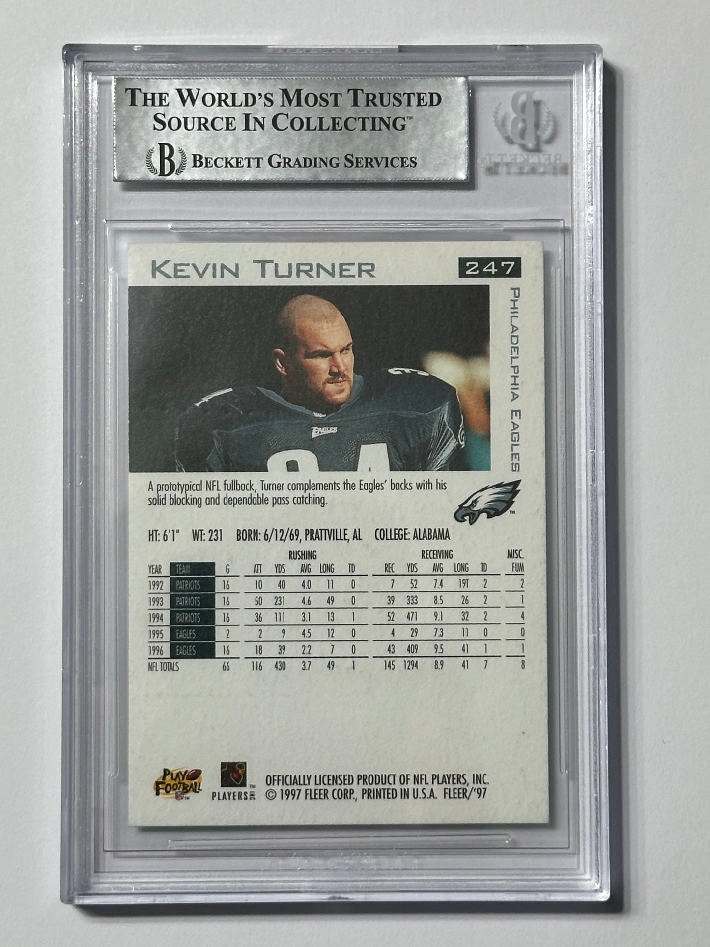 Kevin Turner 1997 Fleer Eagles Signed Football Card - Beckett