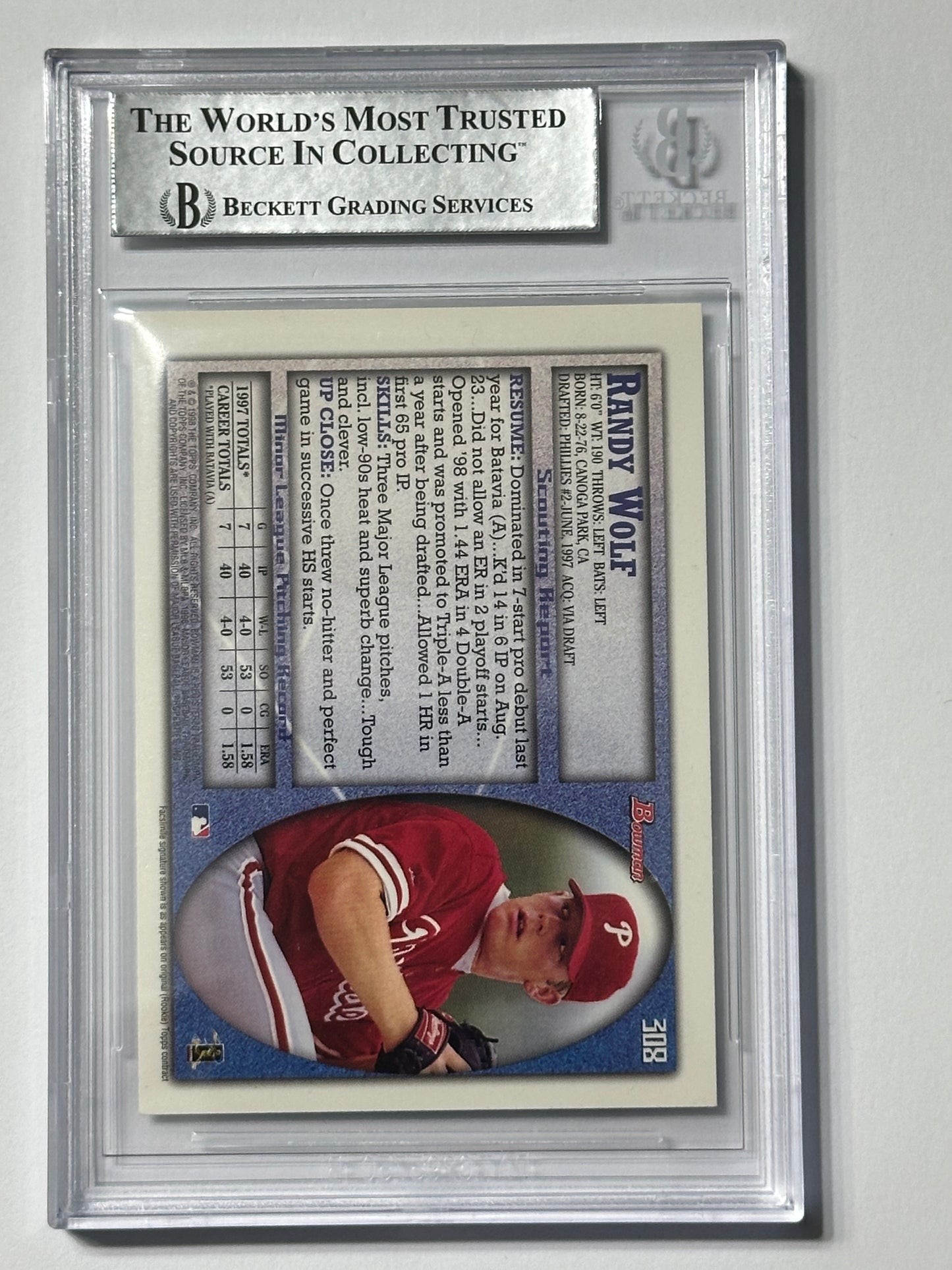 Randy Wolf 1998 Bowman Rookie Phillies Signed Baseball Card - Beckett