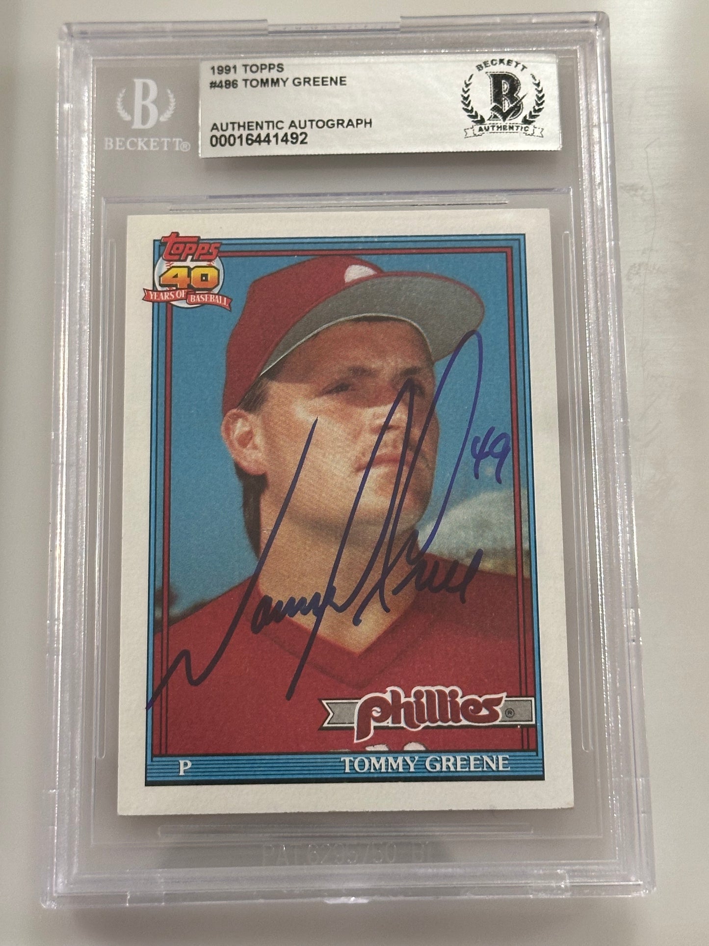 Tommy Greene 1991 Topps Phillies Signed Baseball Card - Beckett