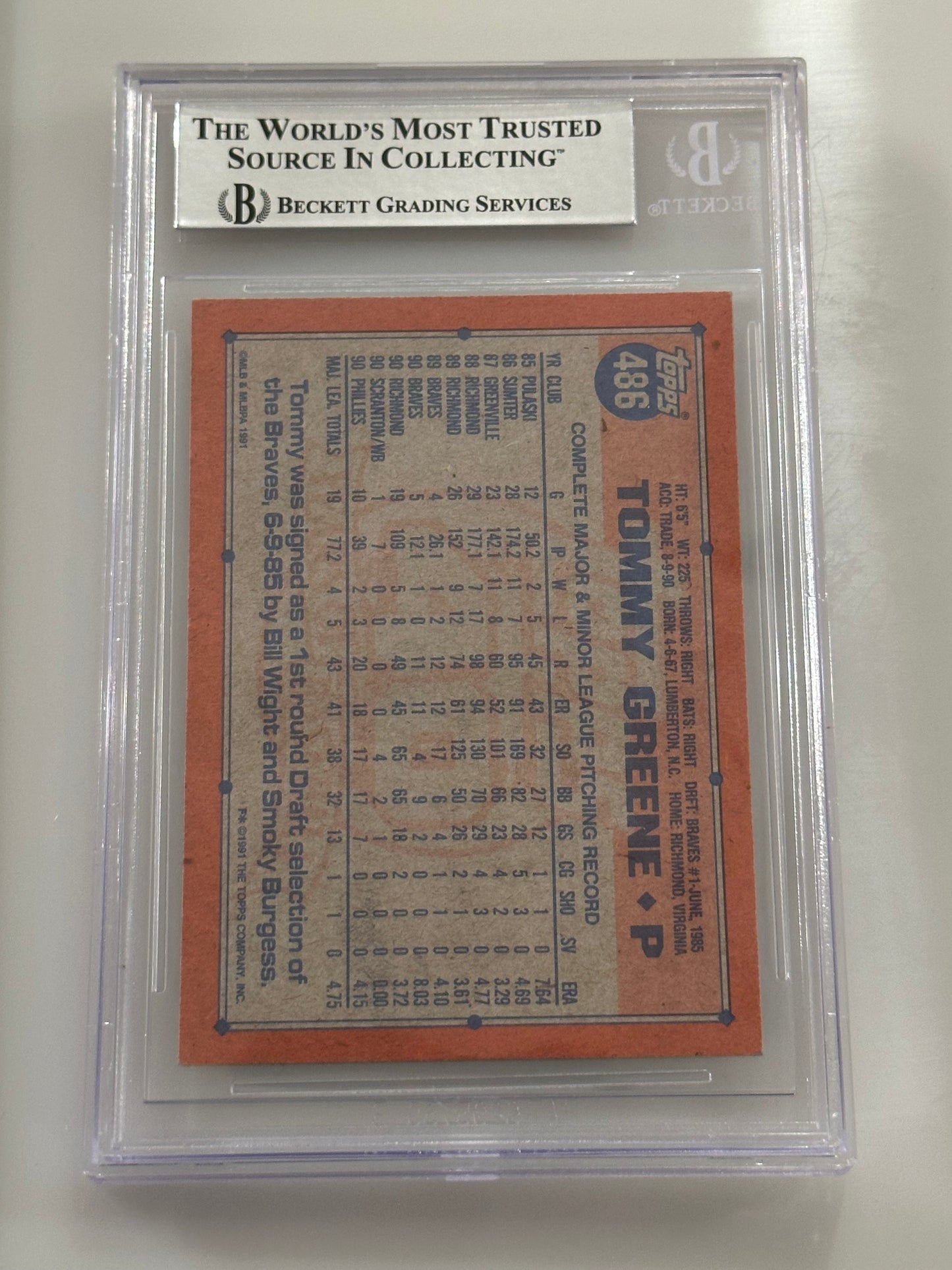 Tommy Greene 1991 Topps Phillies Signed Baseball Card - Beckett