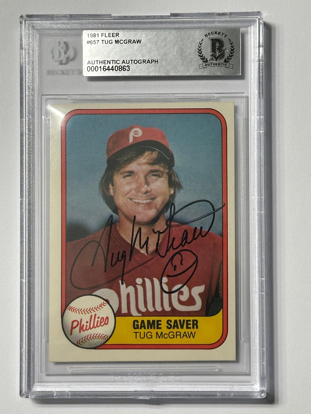 Tug McGraw 1981 Fleer Phillies Signed Baseball Card - Beckett
