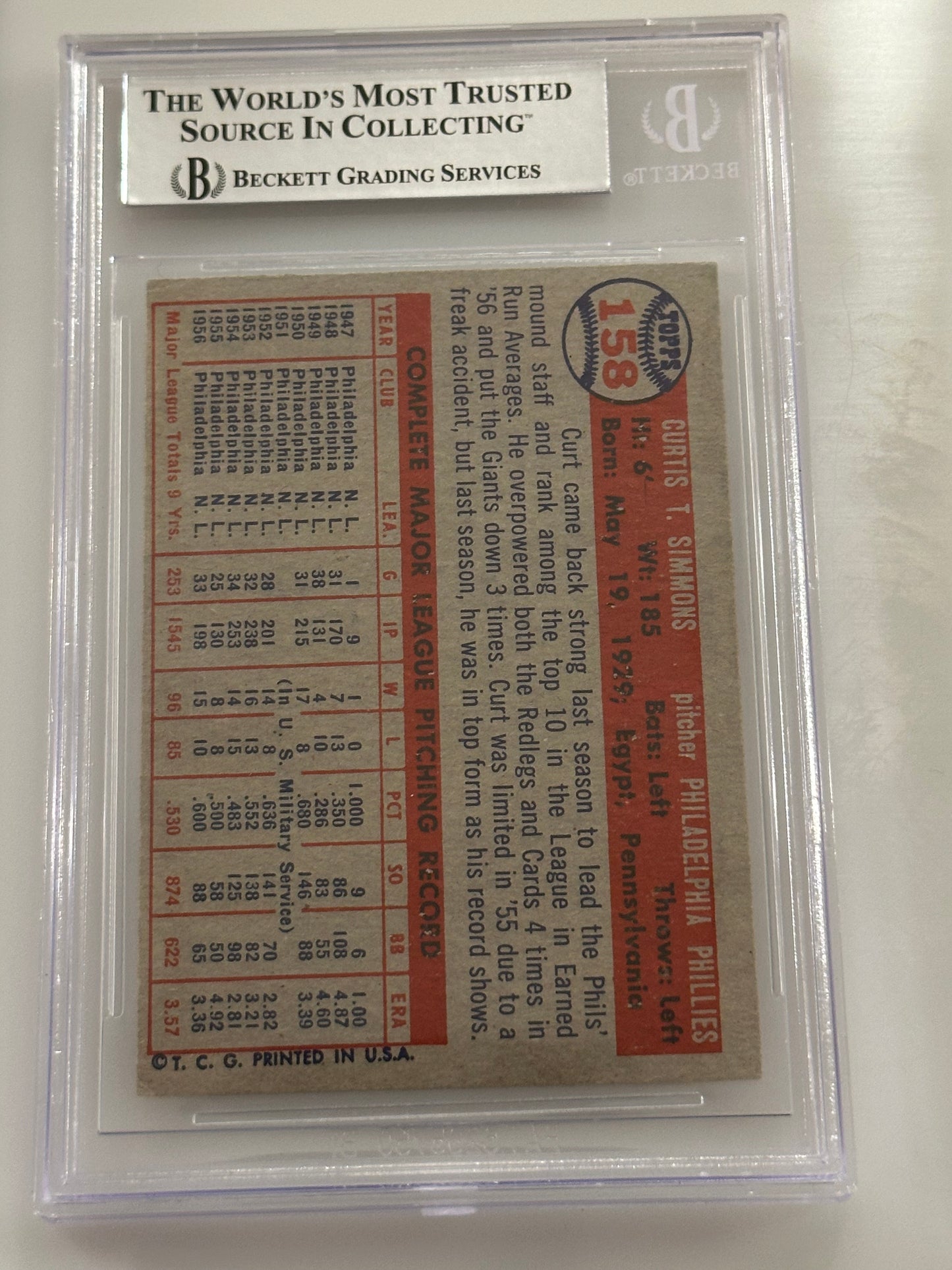 Curt Simmons 1957 Topps Phillies Signed Baseball Card - Beckett