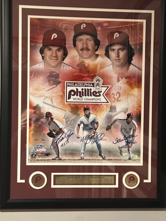 Mike Schmidt, Carlton, Rose Signed 16x20 Photo Framed Phillies MLB