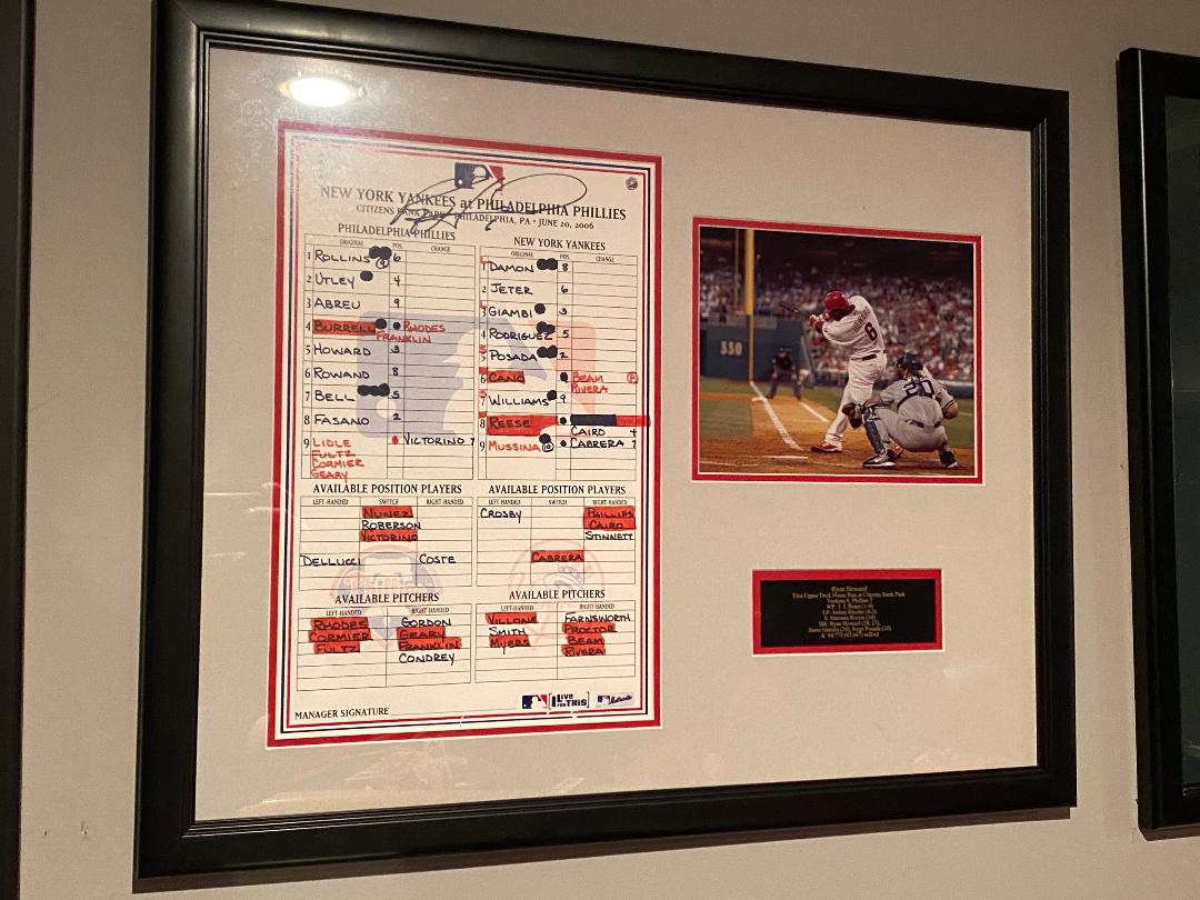 Phillies Lineup Card Signed by Ryan Howard 7 RBI Game vs Yankees. MLB Cert.
